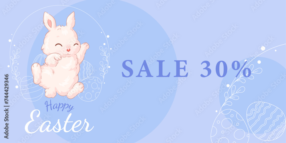 Flat illustration of a cute Easter bunny with Easter eggs. Banner design for Easter and Easter sales.