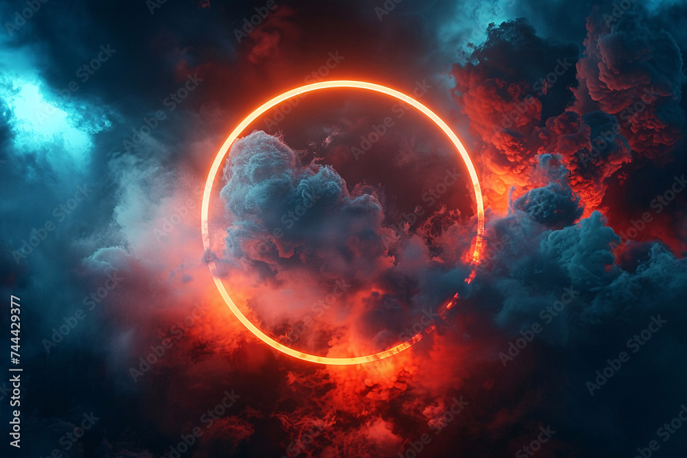 Neon circle, Neon glitter circle of light shine sparkles and Neon spark particles in circle frame on clouds background, magic of space