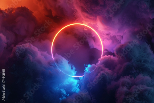 Neon circle, Neon glitter circle of light shine sparkles and Neon spark particles in circle frame on clouds background, magic of space