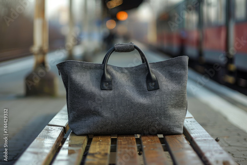 forgotten or specially left bag on a bench on the station platform. luggage.