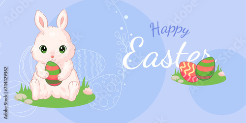 Flat illustration of a cute Easter bunny with Easter eggs. Banner design for Easter and Easter sales.