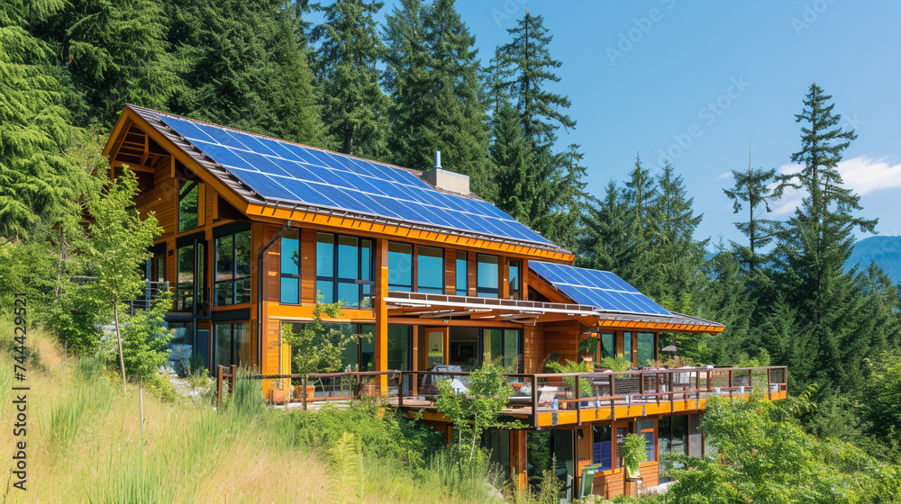 An eco-friendly home with solar panels integrated into its exterior design, set against a backdrop of towering trees and a clear blue sky, symbolizing sustainable living.