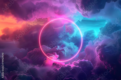 Neon circle, Neon glitter circle of light shine sparkles and Neon spark particles in circle frame on clouds background, magic of space