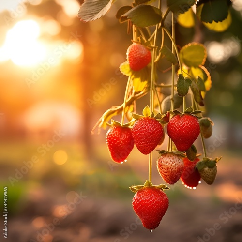 ai generado maduro fresas en un rama en un fresa campo a puesta de sol vertical móvil fondo de pantalla Foto Gratis
