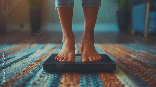 A woman stands on a digital scale in her living room. photo