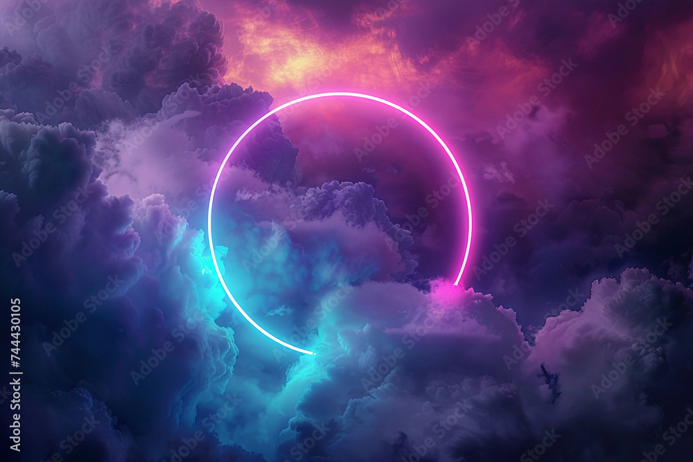 Neon circle, Neon glitter circle of light shine sparkles and Neon spark particles in circle frame on clouds background, magic of space