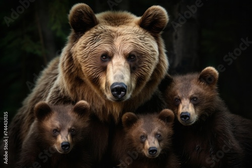 A mother brown bear with her cubs. family, motherhood in animals, litter.