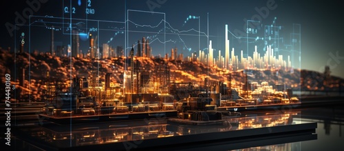 Digital screen double exposure concept with financial graph charts and oil refinery pump