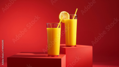 A glasses of fresh orange juice on a podium on a red background. Yellow liquid in a glass glass.