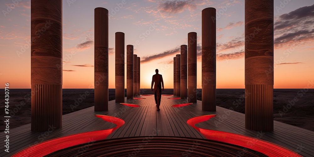 standing between the tall pillars at sunset creates an impressive silhouette - obrazy, fototapety, plakaty 
