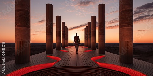 standing between the tall pillars at sunset creates an impressive silhouette