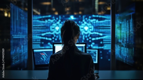 A young woman is focused on her laptop, reviewing back-end code displayed on a large digital screen as she develops a big data interface software project.