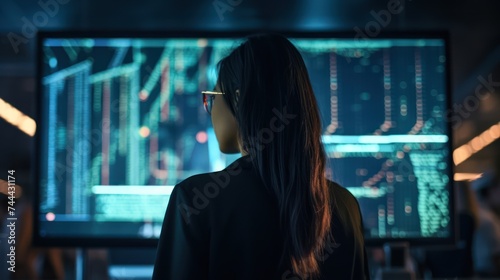 A professional programmer, a young woman, works on her laptop, examining lines of back-end code on a big digital display for a big data interface software project.