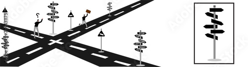 Business crossroads, finding solution or direction for success, confusion or what next challenge, opportunity choice or alternative concept, confused businessman at the crossroads thinking way to go