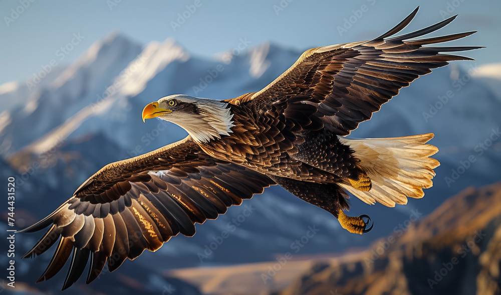 Fototapeta premium Bald eagle soaring against a backdrop of mountainous terrain.