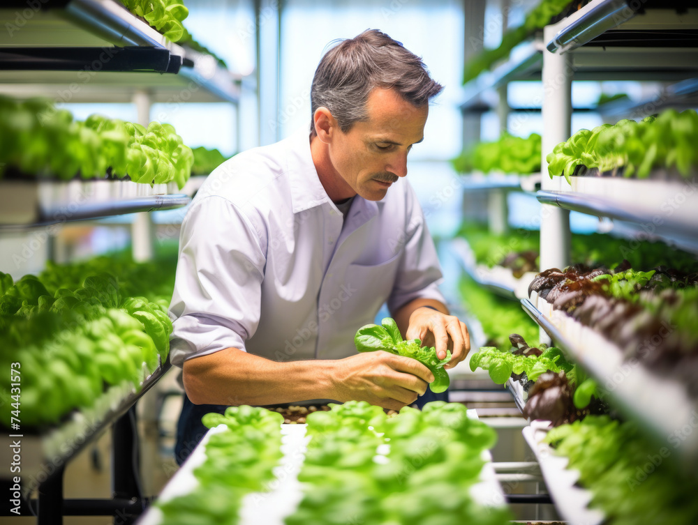 Fototapeta premium An agricultural expert attentively inspects the healthy growth of lettuce in a modern hydroponic indoor farming environment.