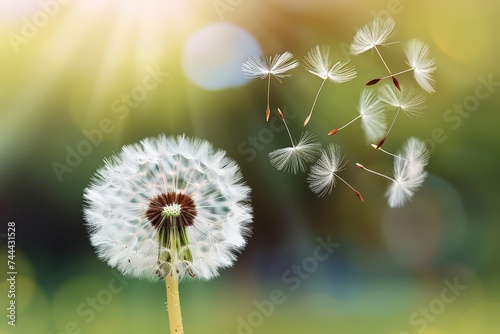 Close-up of dandelion with seeds dispersing in the breeze.