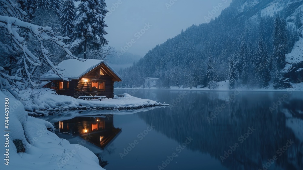 Fototapeta premium A sense of tranquility and beauty permeates the photo, with a small cabin situated by the frozen waters of a mountain lake, providing a cozy refuge amidst the snowy wilderness.