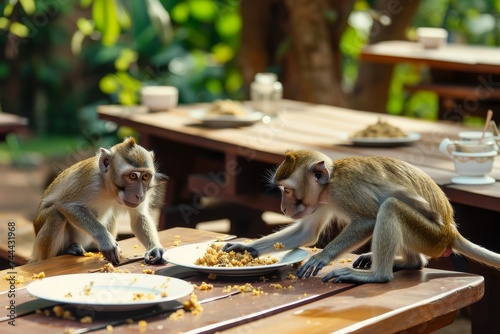 Two monkeys engaged in sharing food on a wooden table in a natural setting. photo