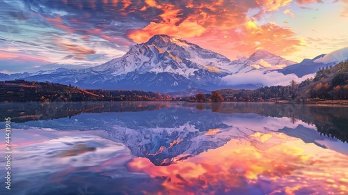 Dramatic sunrise over a mountain reflected in the still waters of a serene lake.