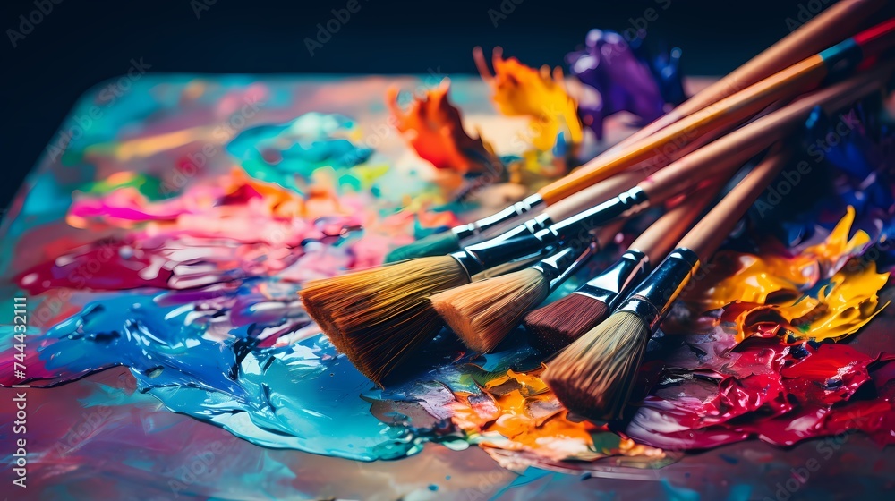 Obraz premium A set of artist paintbrushes with vibrant paints on a palette.