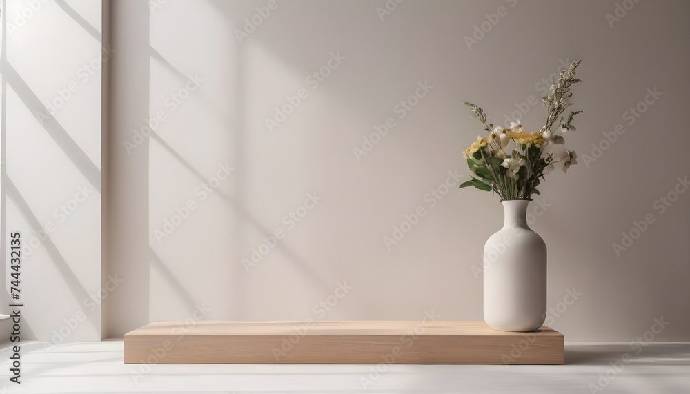 Minimalistic setting with a vase in front of a wall with shadows.