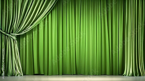 a dramatic green curtain unveiling a theater stage show photo