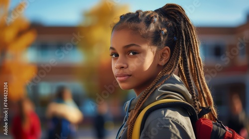 A confident young girl with braided hair looking over her shoulder at school.