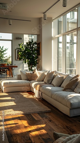 A modern living room bathed in warm sunlight with a large sofa and wooden floor.