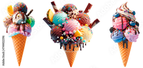 An amazing set of three fantastically beautiful ice creams on a transparent background.
