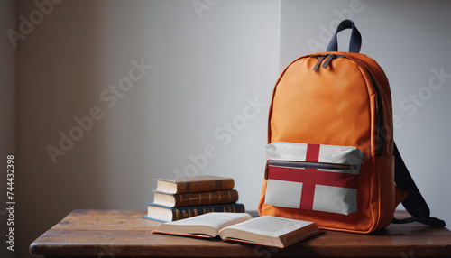 Back to school and happy time! Pile of books and backpack with England flag on the desk at the elementary school.