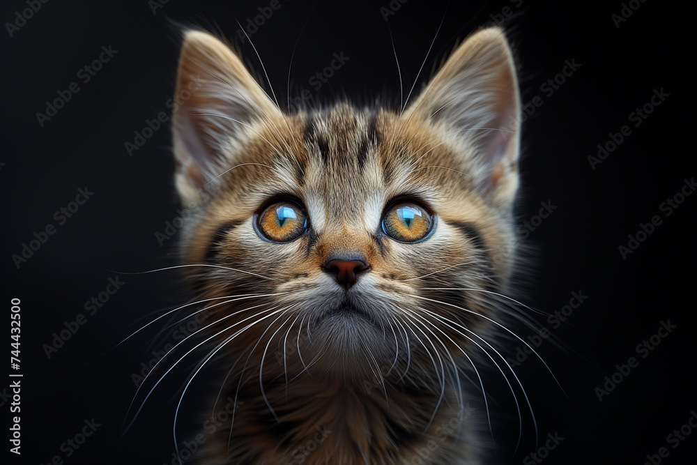 A tabby kitten lowers its head, sharp eyes focused, ready to pounce