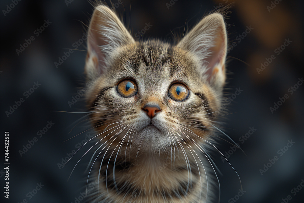 A tabby kitten lowers its head, sharp eyes focused, ready to pounce A tabby kitten lowers its head, sharp eyes focused, ready to pounce
