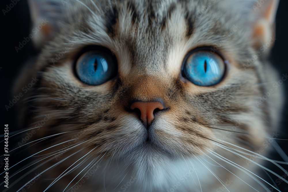 Electric blue eyes gleam as a tiny cat dips its head, its expression both playful and fierce Electric blue eyes gleam as a tiny cat dips its head, its expression both playful and fierce