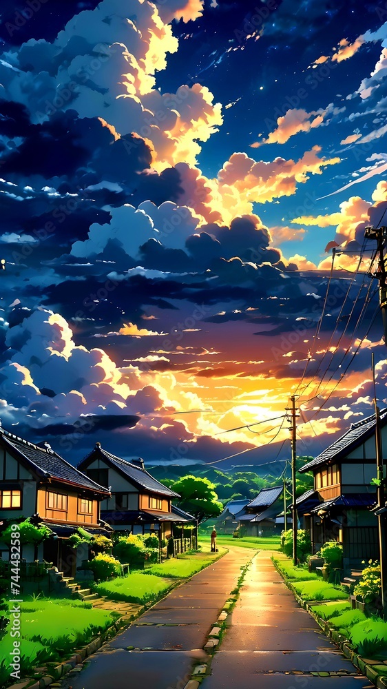 Fototapeta premium A countryside midnight scene after a storm with a dramatic cloudy sky
