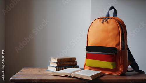 Back to school and happy time! Pile of books and backpack with Germany flag on the desk at the elementary school.