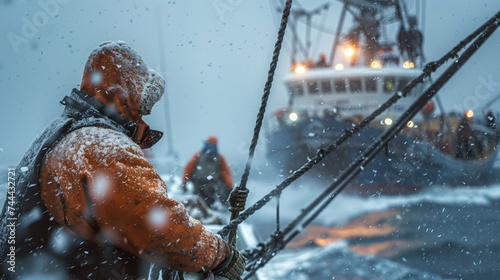Unyielding Snowfall: Fisherman Secures Vessel