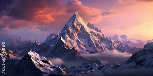 Glorious mountain peaks enveloped by purple and orange clouds in the twilight. Concept Mountain Landscapes, Twilight Photography, Colorful Skies, Outdoor Adventures