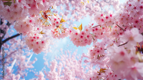A breathtaking display of cherry blossoms in full bloom, their delicate petals creating a canopy of pink and white.