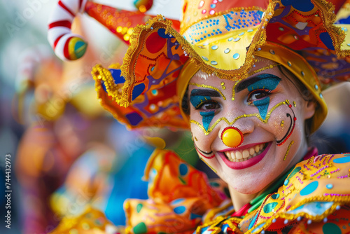 cheerful portrait of a man dressed in a carnival jester costume. Bright and colorful outfits, an impression of fun and celebration, a cheerful facial expression. for use on posters, invitations.