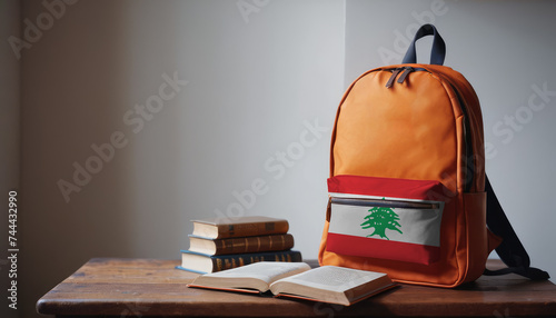 Back to school and happy time! Pile of books and backpack with Lebanon flag on the desk at the elementary school.