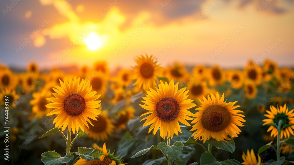 A breathtaking sunrise over a field of sunflowers in bloom, their golden petals illuminated by the first light of day.