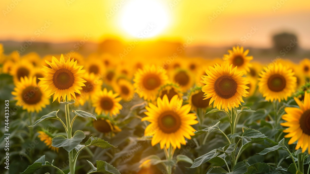 A breathtaking sunrise over a field of sunflowers in bloom, their golden petals illuminated by the first light of day.