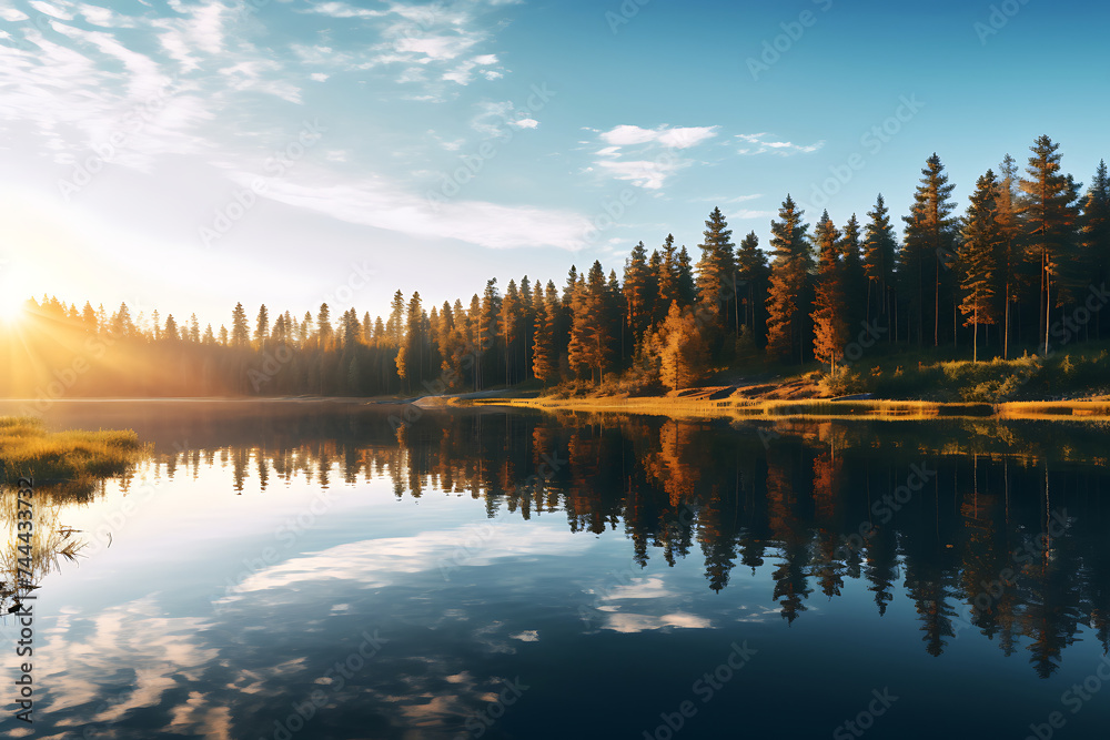Beautiful landscape with forest lake and blue sky. Nature composition.