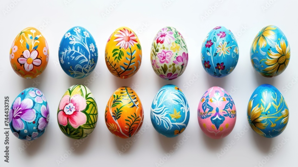 Intricately painted Easter eggs on a white backdrop capture the essence of springtime and joyful celebration.