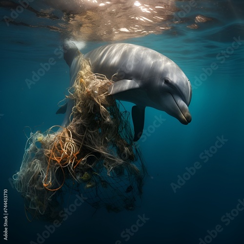 Een dolfijn gevangen in een plastic zak in de oceaan  milieubescherming  generatieve ai