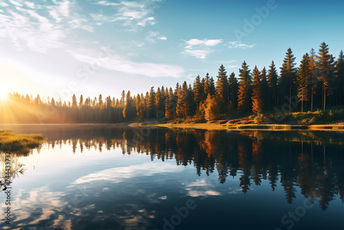 Beautiful landscape with forest lake and blue sky. Nature composition. © Creative
