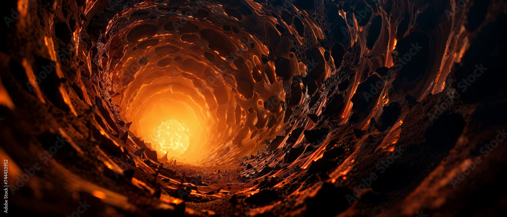 Obraz premium Hellish claustrophobic underground cave tunnel hole with jagged rock walls leading to a glowing orange pit of fire.