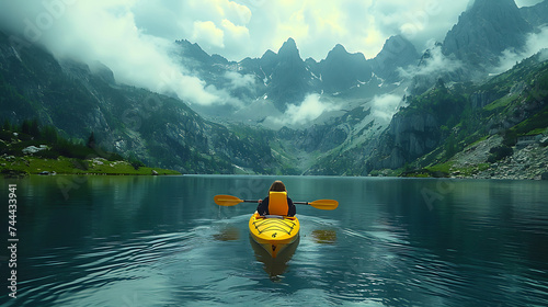 POV kayaking on an idyllic mountain lake with beautiful view AI Image Generative.