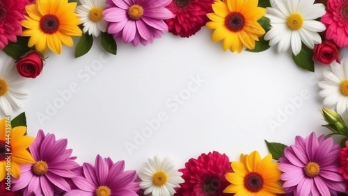 Frame colorful flowers on a white background with copy space